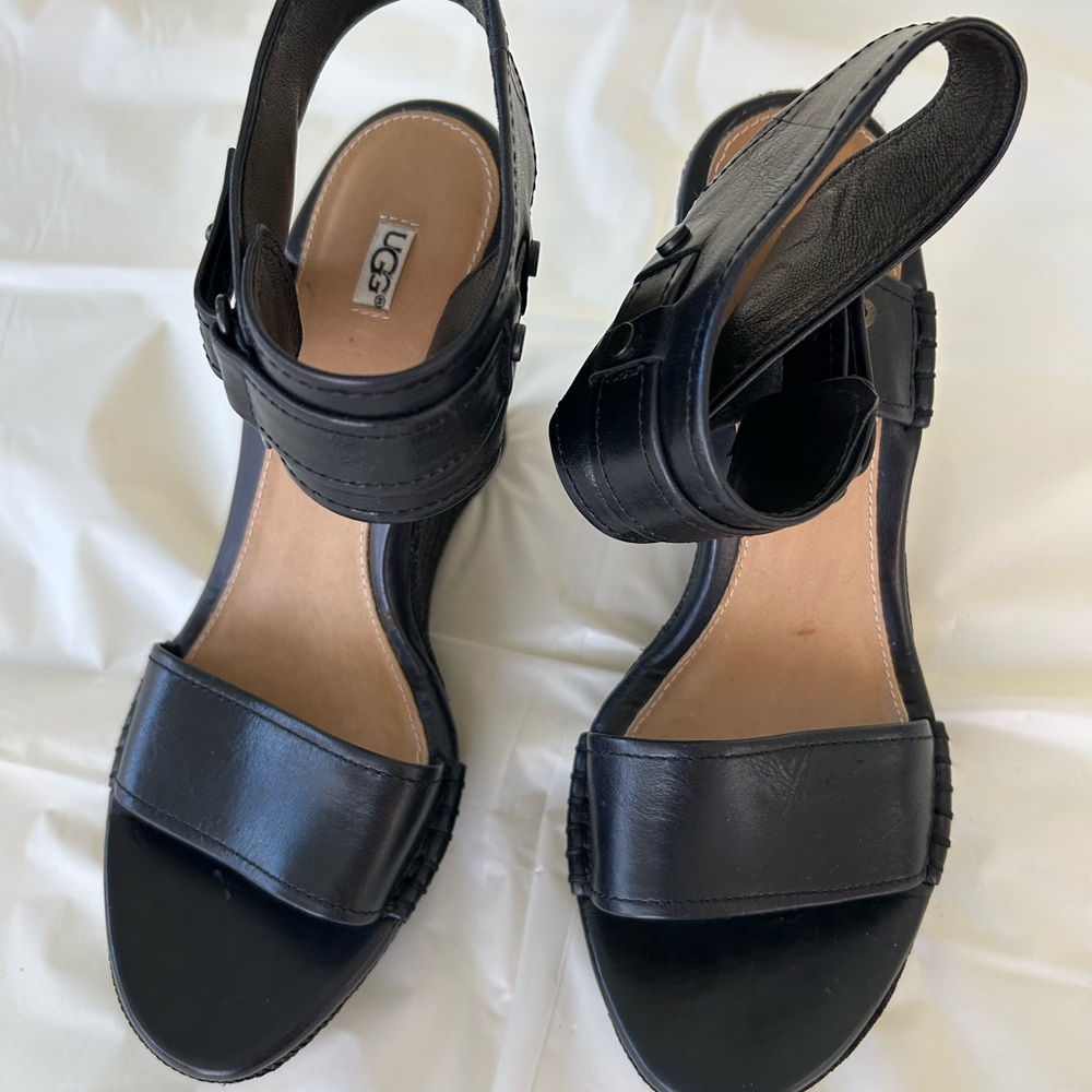 UGG Black Leather Wedge Sandals, size 8 - Picture 2 of 7